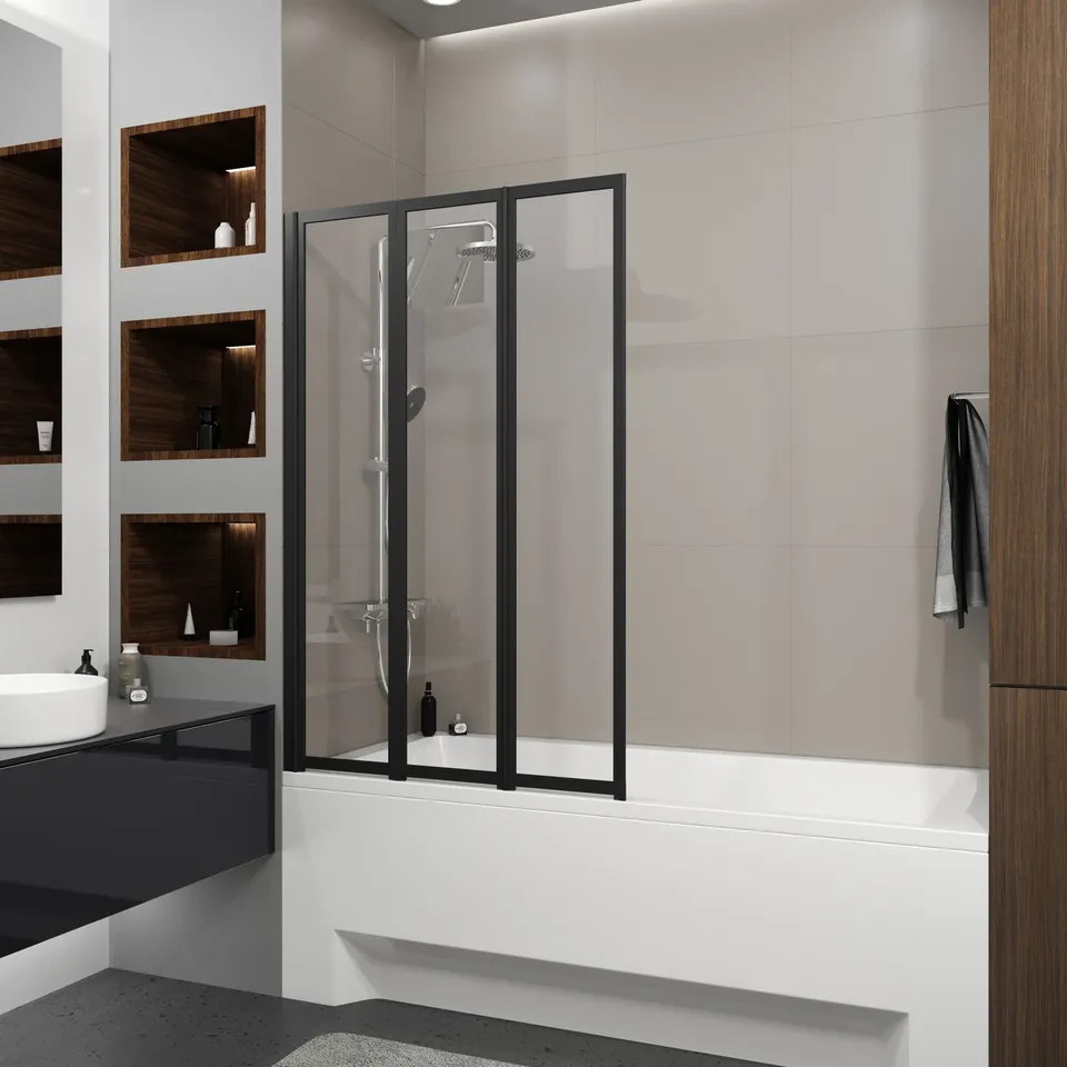 Шторка на ванну трьохелементна Style 1000х1500мм (left) black matt, скло 4мм clear — фото 2