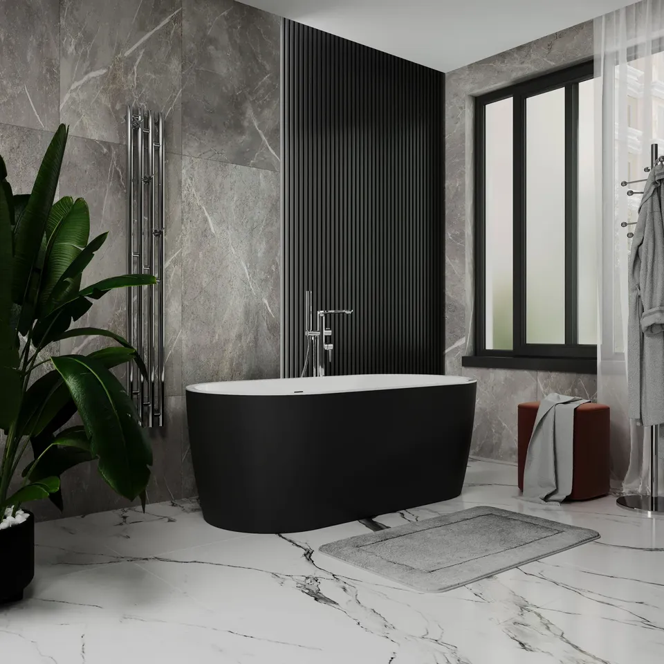 Ванна акрилова окремостояча суцільнолита PureLine 1600x800 White/Matt Black з сифоном — фото 3