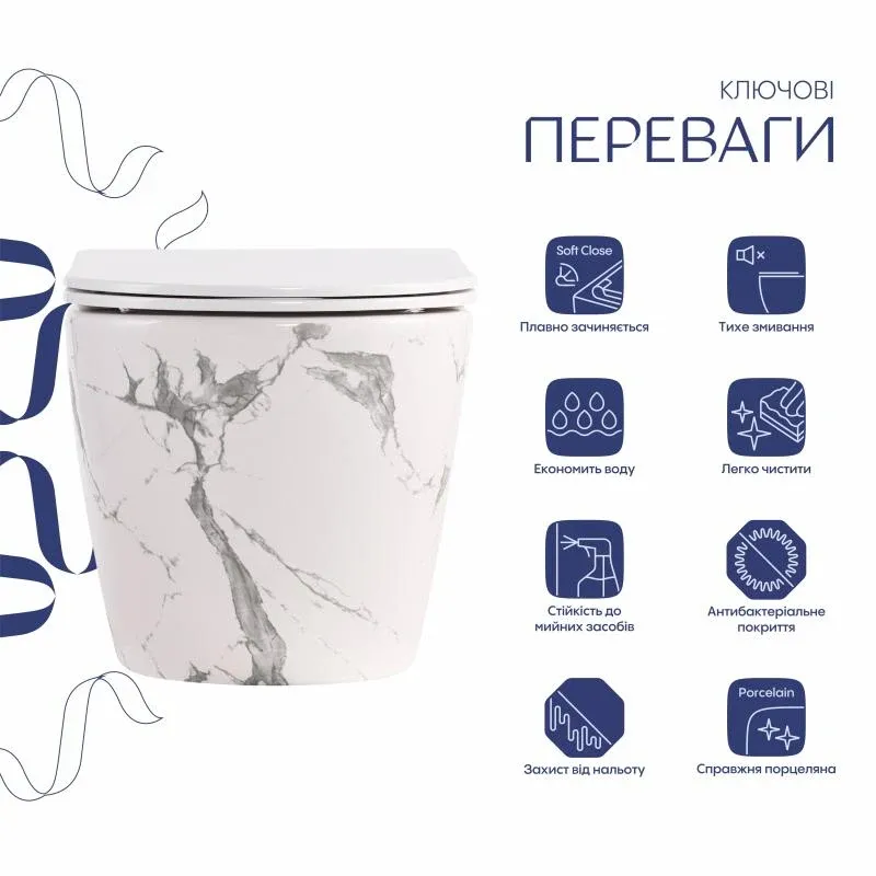Унітаз підвісний Robin Ultra Quiet 490×365×325 мм, Marble, з сидінням Slim Duroplast / Soft-close / Quick Release QT13332381АSMR Qtap — фото 3