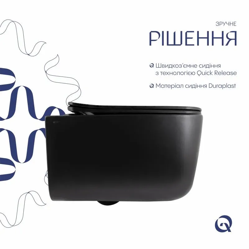 Унітаз підвісний Qtap Gemini Ultra Quiet 485×340×350 мм, Matt Black, з сидінням Slim Duroplast / Soft-close / Quick Release QTGEM28BLM50505 — фото 4
