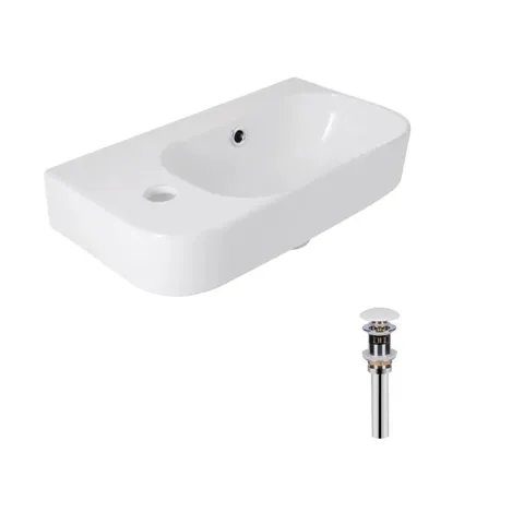 Комплект Qtap Tern: Раковина підвісна прамокутна ліва 450х250х158 мм White + Донний клапан PU02O