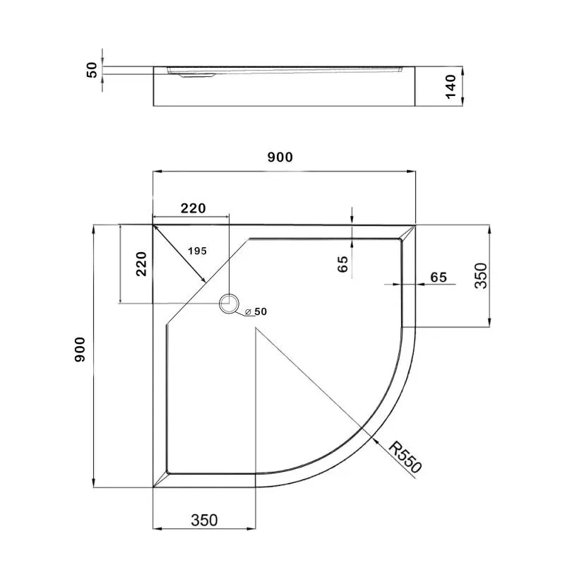 Душовий піддон Kapielka ST90x90x14 низький, напівкруглий, діаметр зливу 52 мм Lidz — фото 3