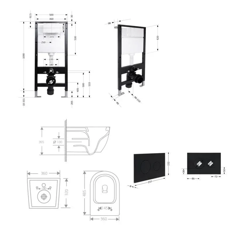 Готове рішення Qtap для ванної кімнати: підвісний унітаз Jay Rimless 485x360x320 + комплект інсталяції Standard (кругла клавіша Black) — фото 2