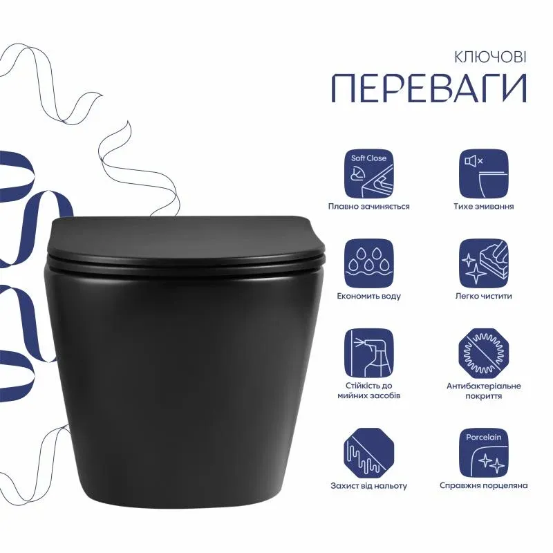 Унітаз підвісний Qtap Jay Ultra Quiet 485х360х320 мм, Matt Black, сидінням Slim Duroplast/ Soft-close/ Quick Relase QT07335177MB — фото 3
