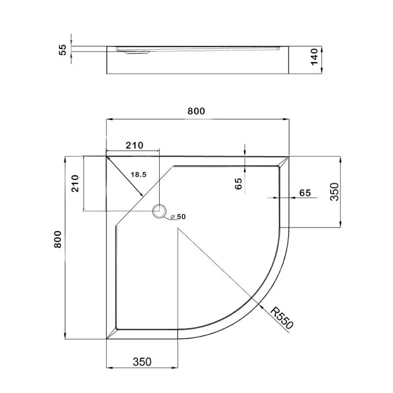 Lidz Душовий піддон KAPIELKA ST80x80x14 низький, напівкруглий, діаметр зливу 52 мм — фото 2