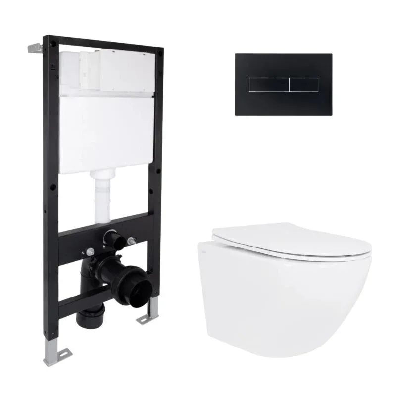 Готове рішення Qtap для ванної кімнати: підвісний унітаз Jay Rimless 485x360x320 + комплект інсталяції Standard (лінійна клавіша Black)