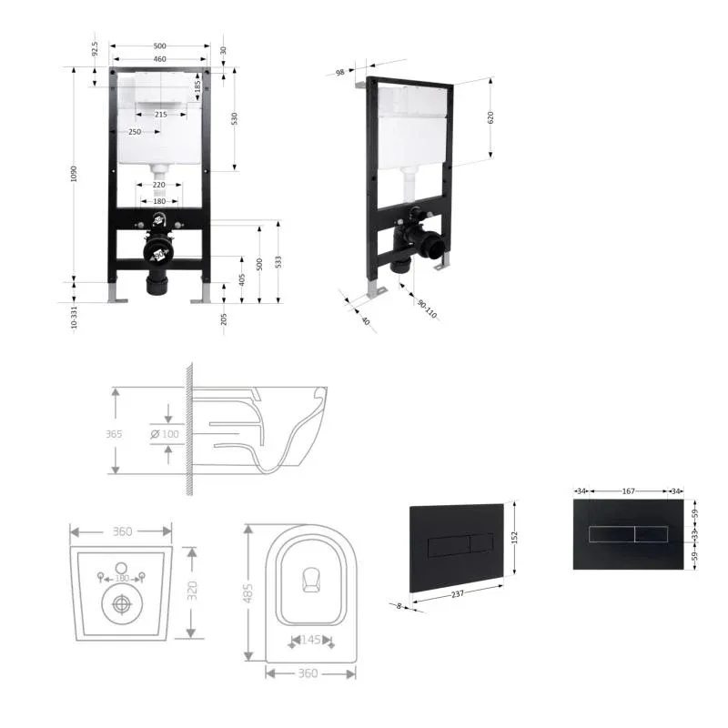 Готове рішення Qtap для ванної кімнати: підвісний унітаз Jay Rimless 485x360x320 + комплект інсталяції Standard (лінійна клавіша Black) — фото 2