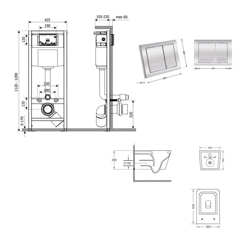 Готове рішення Qtap для ванної кімнати: підвісний унітаз Crow Ultra Quiet 520x360x290 + комплект інсталяції Nest 4 в 1 (квадратна клавіша Chrome) — фото 2