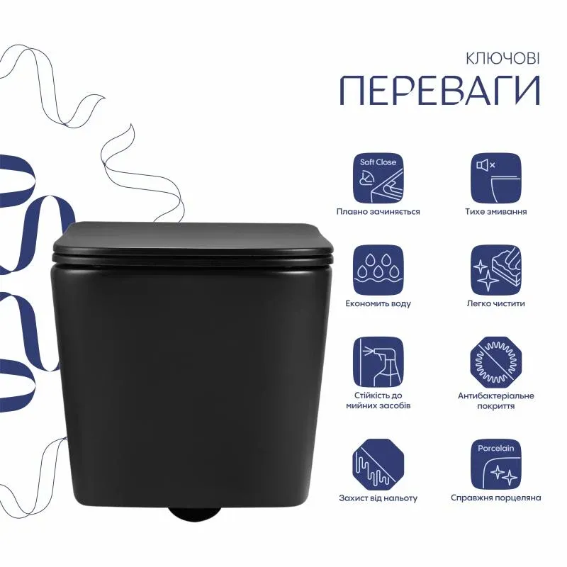 Унітаз підвісний Qtap Crow Ultra Quiet 485×340×290 мм, Matt Black, з сидінням Slim Duroplast/ Soft-close/ Quick Release QT05335171MB — фото 3
