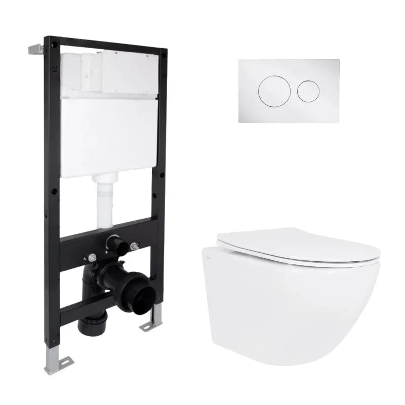 Готове рішення Qtap для ванної кімнати: підвісний унітаз Jay Rimless 485x360x320 + комплект інсталяції Standard (кругла клавіша Chrome)
