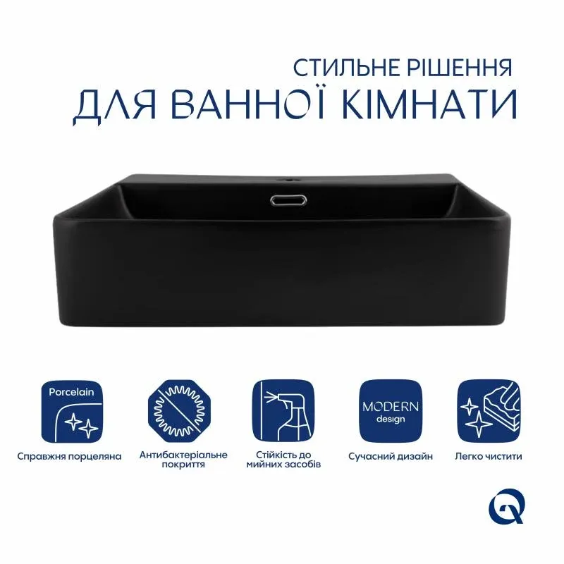 Комплект Qtap Nando LT: Раковина підвісна прамокутна 500х420х130 мм Matt Black + Донний клапан PU03O — фото 3