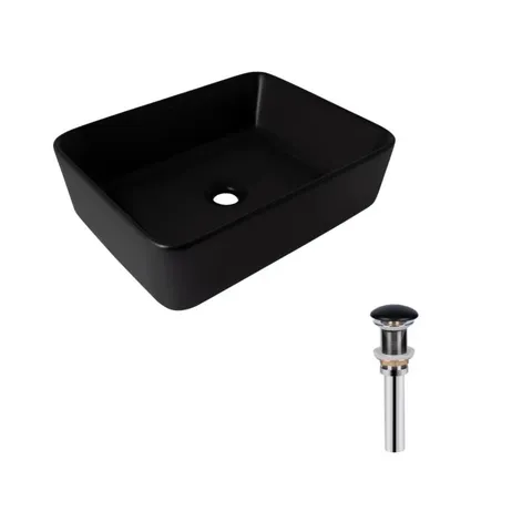 Комплект Qtap Tern: Раковина накладна прамокутна 480х370х135 мм Matt Black + Донний клапан PU03