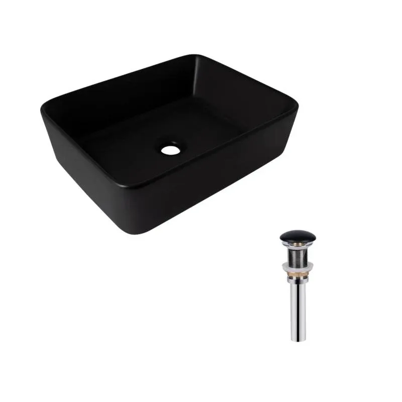 Комплект Qtap Tern: Раковина накладна прамокутна 480х370х135 мм Matt Black + Донний клапан PU03