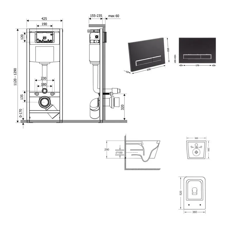 Готове рішення Qtap для ванної кімнати: підвісний унітаз Crow Ultra Quiet 520x360x290 + комплект інсталяції Nest 4 в 1 (лінійна клавіша Matt Black) — фото 2