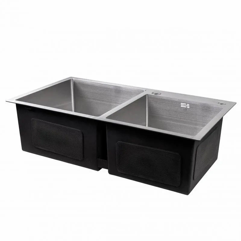 Мийка для кухні з двома чашами інтегрована Lidz Handmade H7843 (LDH7843BRU35387) Brushed Steel 3,0/1,0 мм — фото 4