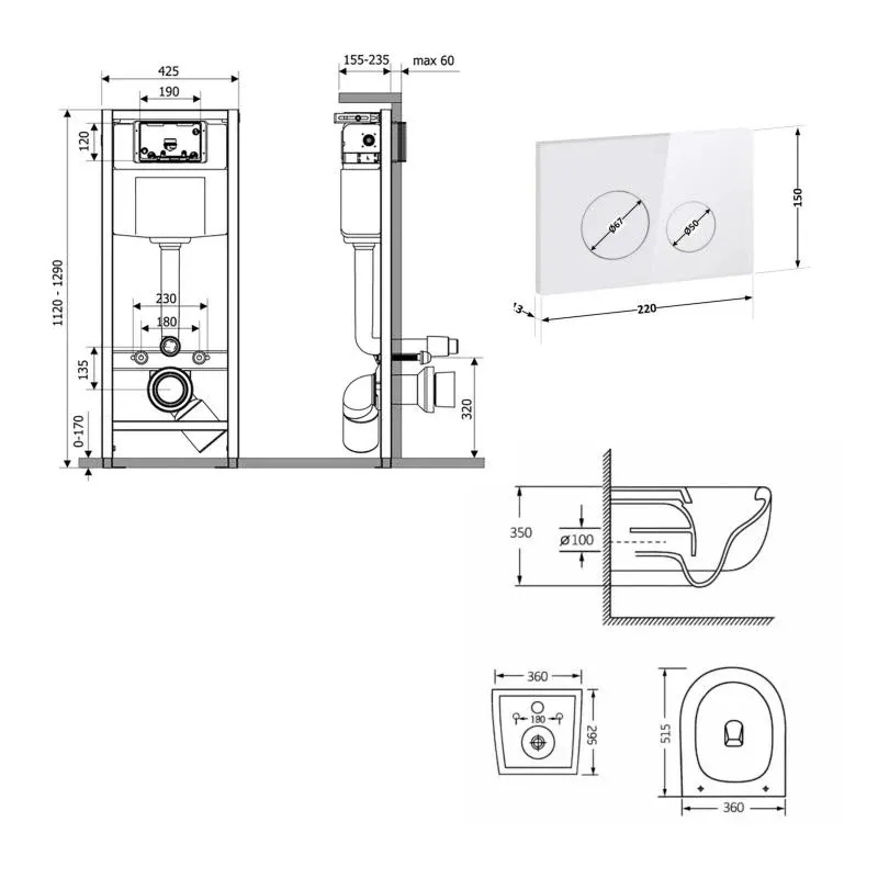 Готове рішення Qtap для ванної кімнати: підвісний унітаз Taurus Ultra Quiet 515×360×350 + комплект інсталяції Nest 4 в 1 (кругла клавіша White) — фото 2