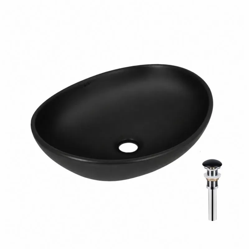 Комплект Qtap Dove: Раковина накладна овальна 415x340x140 мм Matt Black + Донний клапан PU03