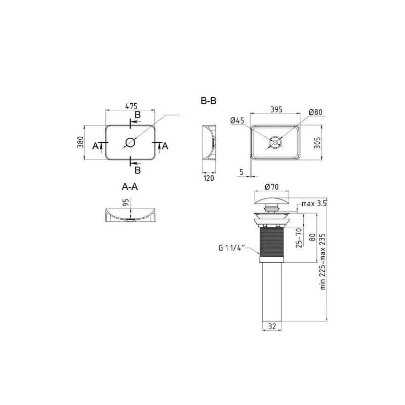 Раковина накладна Qtap Aquarius 470x380x120 мм, Stone grey, прямокутна, з донним клапаном QTAQA188SG49780 — фото 2