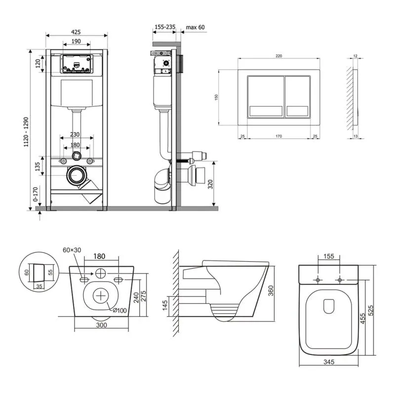 Готове рішення Qtap для ванної кімнати: підвісний унітаз Tern Ultra Quiet 525x345x360 + комплект інсталяції Nest 4 в 1 (квадратна клавіша Satin) — фото 2