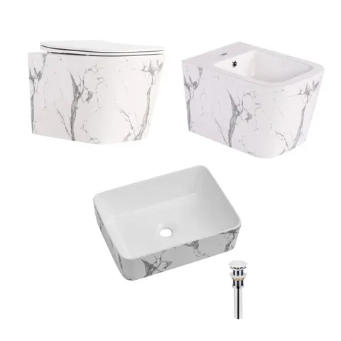 Комплект Qtap Tern Marble 3 в 1: підвісний унітаз Ultra Quiet + біде підвісне + раковина накладна QTTERMR49164