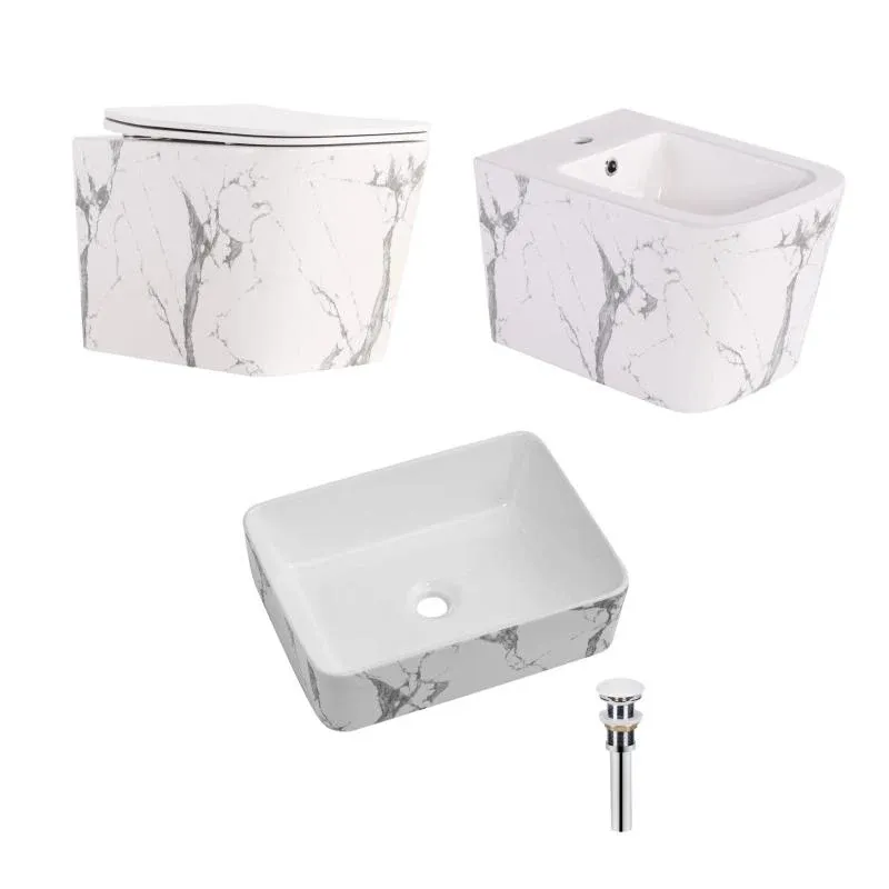 Комплект Qtap Tern Marble 3 в 1: підвісний унітаз Ultra Quiet + біде підвісне + раковина накладна QTTERMR49164