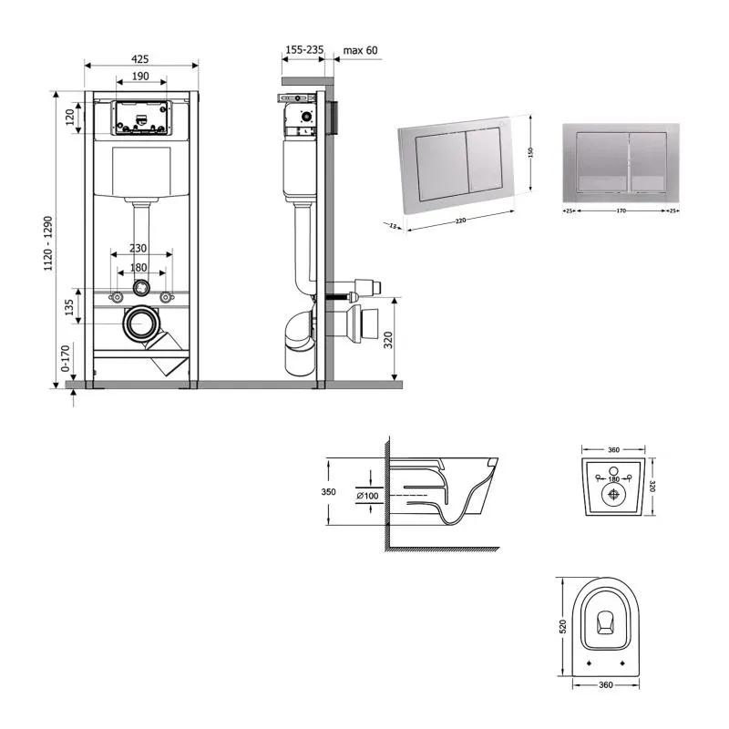 Готове рішення Qtap для ванної кімнати: підвісний унітаз Jay Ultra Quiet 520x360x320 + комплект інсталяції Nest 4 в 1 (квадратна клавіша Satin) — фото 2