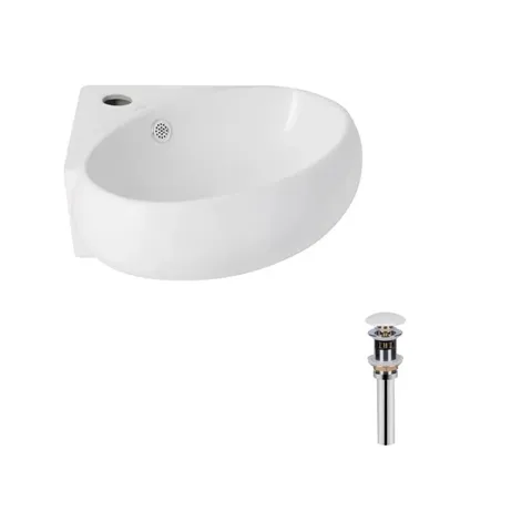 Комплект Qtap Leo N: Раковина підвісна угловая овальна 380x360x130 мм WHITE + Донний клапан PU02O