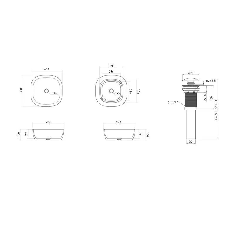 Комплект Qtap Kolibri: Раковина накладна 400x400x140 мм, White, квадратна + Донний клапан Pop-up PU02 — фото 2