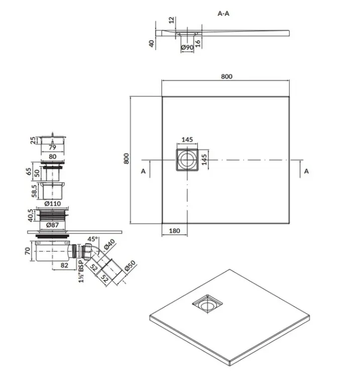 СЕТ B454 душовий  піддон квадратний TAKO SLIM 80x4 сірий матовий + сифон — фото 2