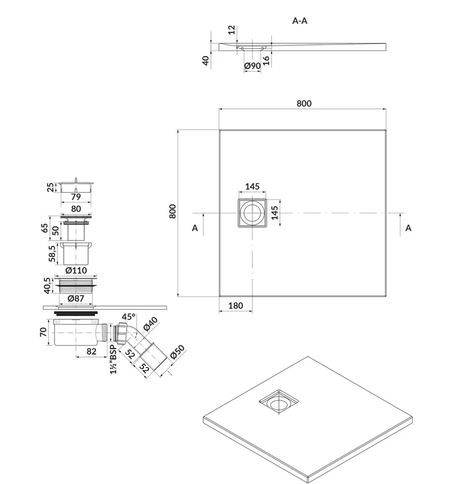 СЕТ B450 душовий  піддон квадратний TAKO SLIM 80x4 білий матовий + сифон — фото 3